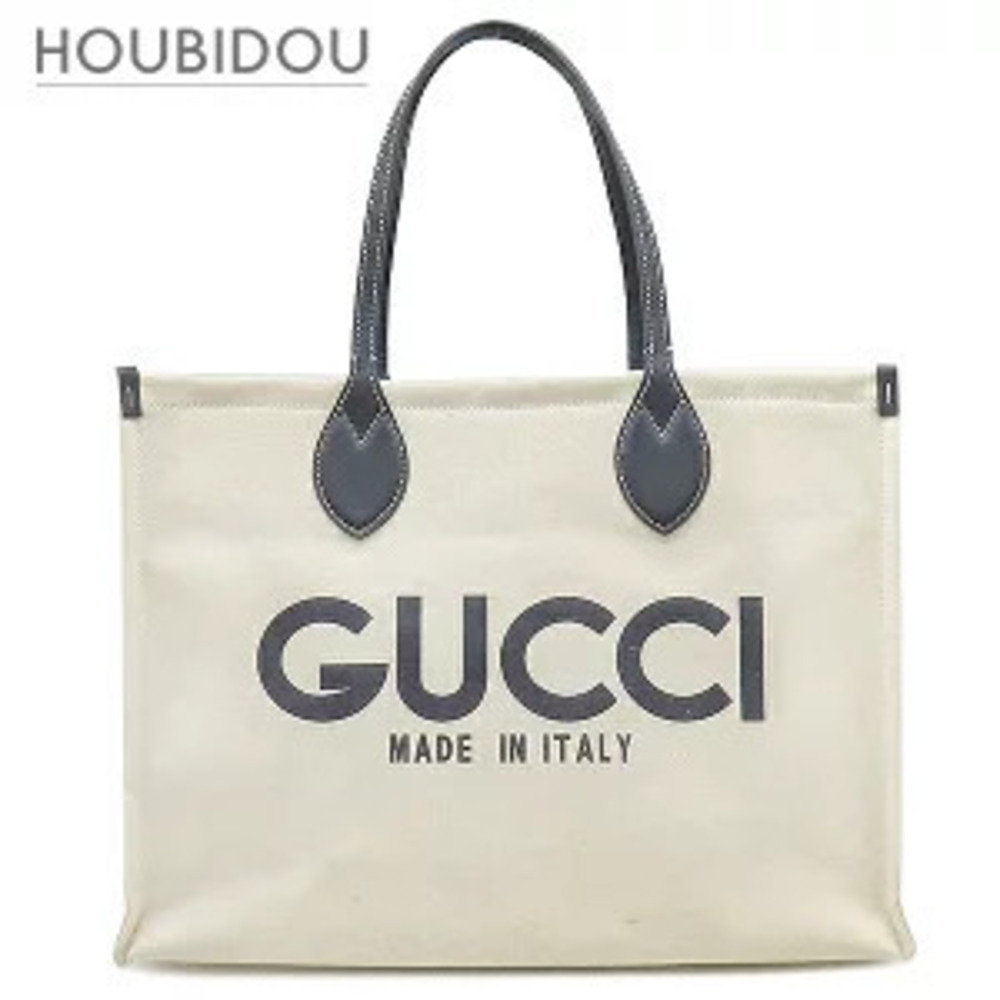 Gucci tote bag canvas leather Beige Cream x Navy Blue shoulder white